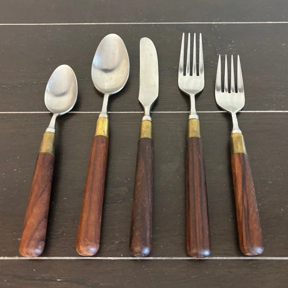 Taylor & Ng Vintage Stainless Japan Wood Handle Fork and Spoon Flatware Set MCM